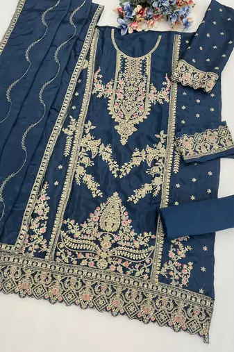 Teal chinon plazzo suit with codding dori & sequin 
