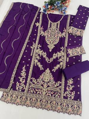 Purple chinon plazzo suit with codding dori & sequin  2