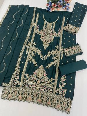 Green chinon plazzo suit with codding dori & sequin  2