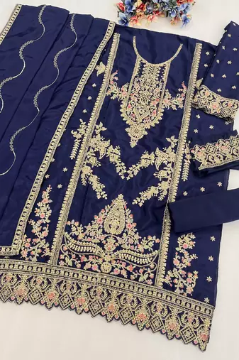 Navy blue chinon plazzo suit with codding dori & sequin 