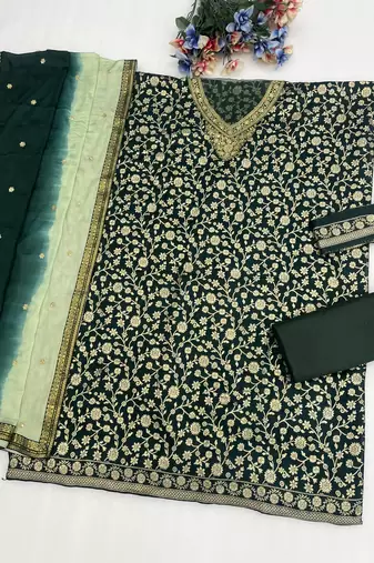 Green silk farshi salwar suit with codding dori & sequin 