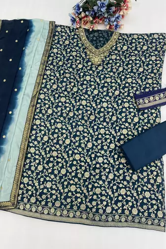 Teal silk farshi salwar suit with codding dori & sequin 