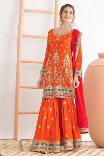  orange chinon sharara suit for women festival wear