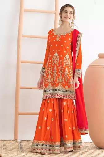  orange chinon sharara suit for women festival wear