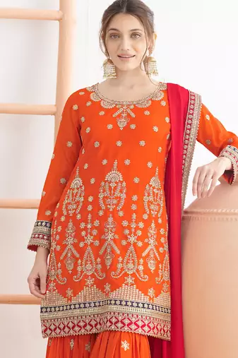  orange chinon sharara suit for women festival wear