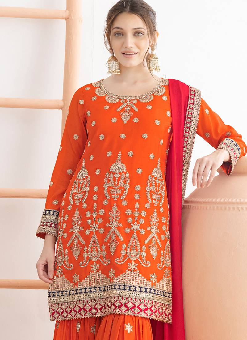  orange chinon sharara suit for women festival wear
