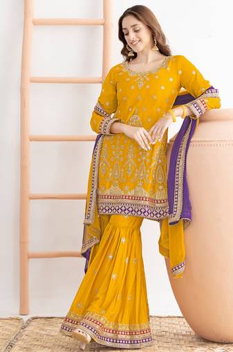  yellow chinon sharara suit for women festival wear