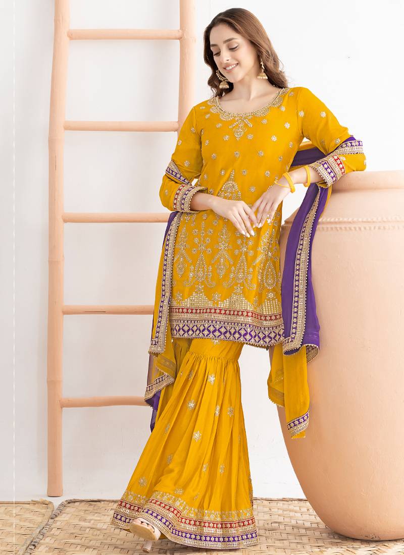  yellow chinon sharara suit for women festival wear