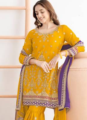 yellow chinon sharara suit for women festival wear 2