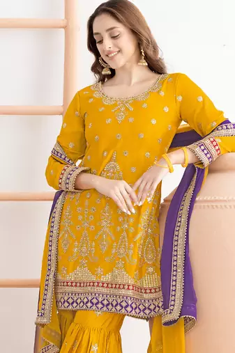  yellow chinon sharara suit for women festival wear