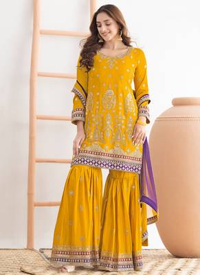 yellow chinon sharara suit for women festival wear 3