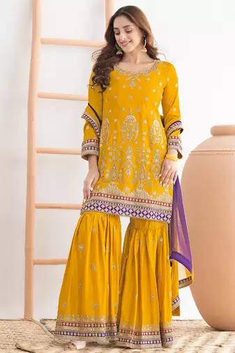  yellow chinon sharara suit for women festival wear