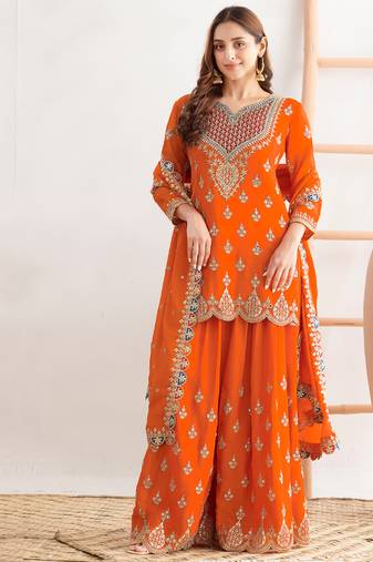  orange chinon palazzo suit for women wear