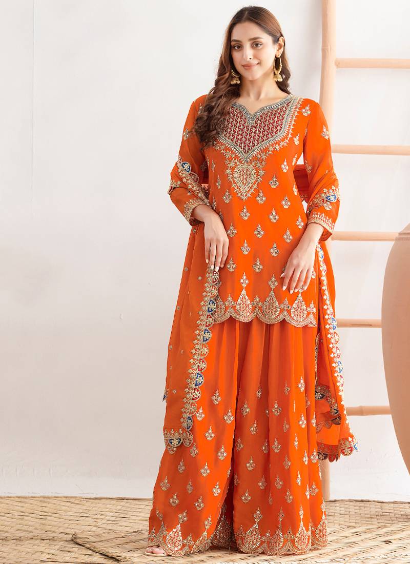  orange chinon palazzo suit for women wear