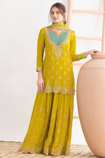  yellow chinon palazzo suit for women wear