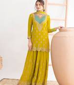  yellow chinon palazzo suit for women wear