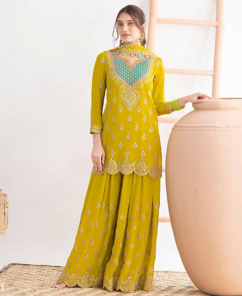  yellow chinon palazzo suit for women wear