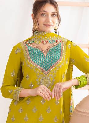 yellow chinon palazzo suit for women wear 2