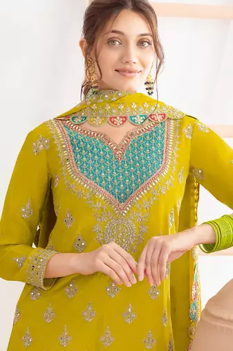  yellow chinon palazzo suit for women wear