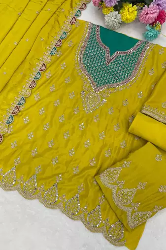  yellow chinon palazzo suit for women wear