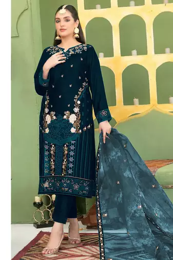  teal blue velvet pakistani straight suit for women 