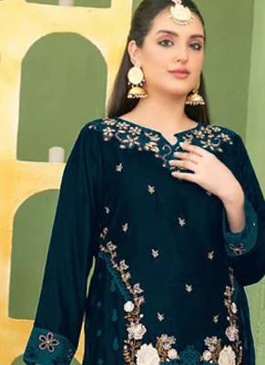 teal blue velvet pakistani straight suit for women 2
