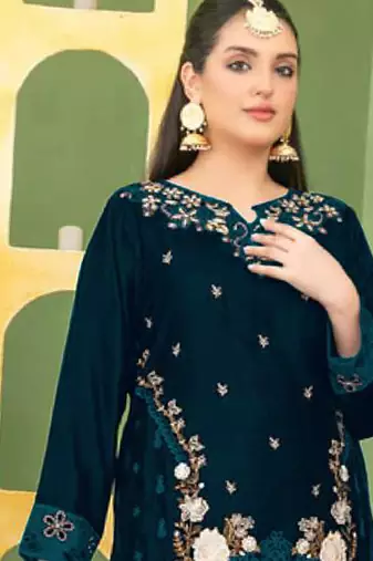 teal blue velvet pakistani straight suit for women