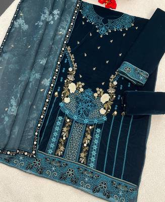 teal blue velvet pakistani straight suit for women 3