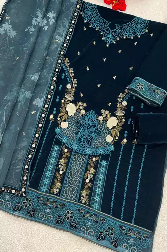 teal blue velvet pakistani straight suit for women