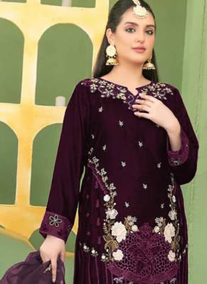 purple velvet pakistani straight suit for women 2