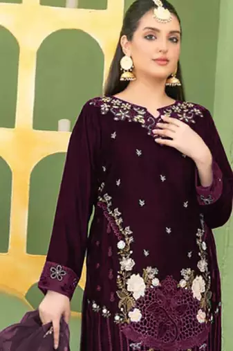 purple velvet pakistani straight suit for women