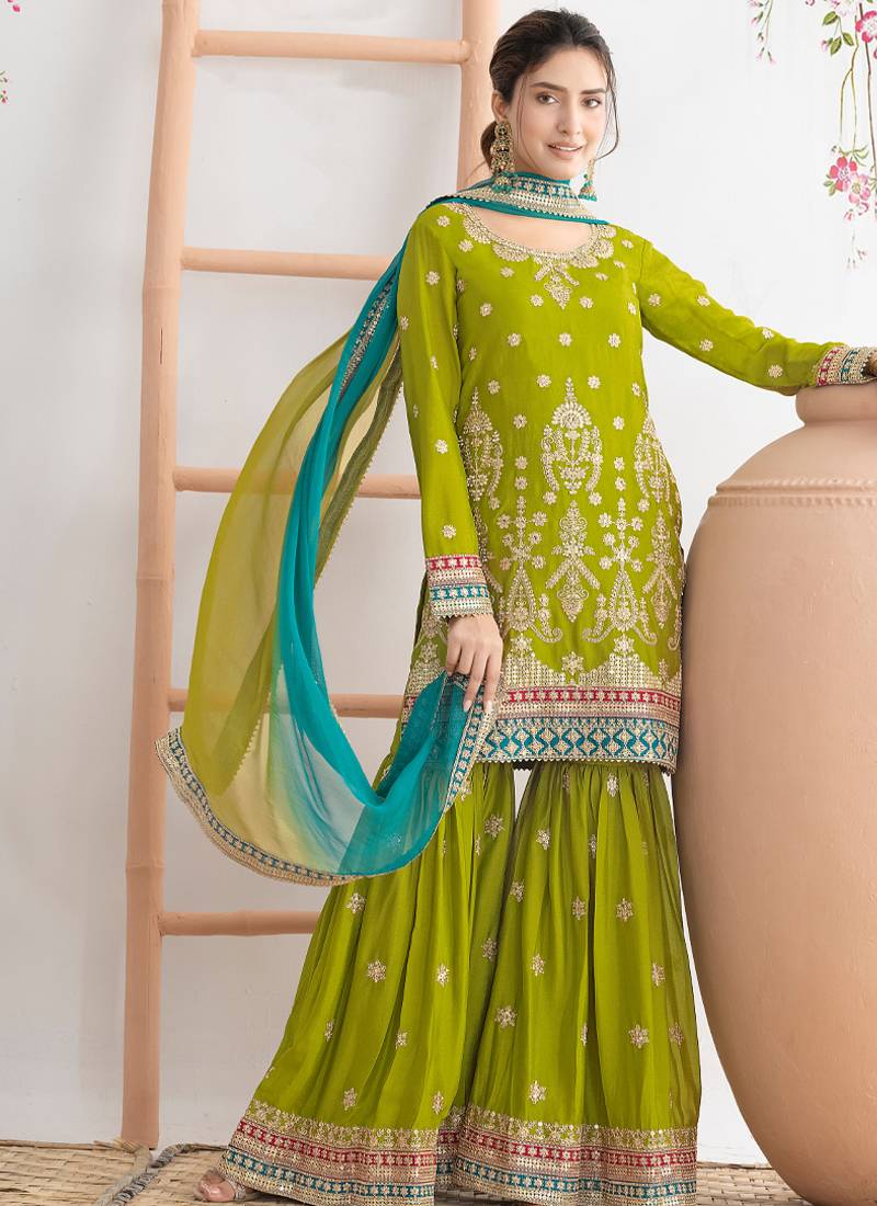  green chinon sharara suit for women festival wear