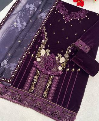 purple velvet pakistani straight suit for women 3