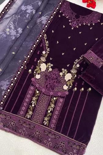 purple velvet pakistani straight suit for women