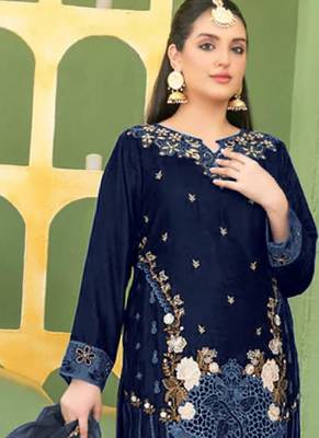 blue velvet pakistani straight suit for women 2