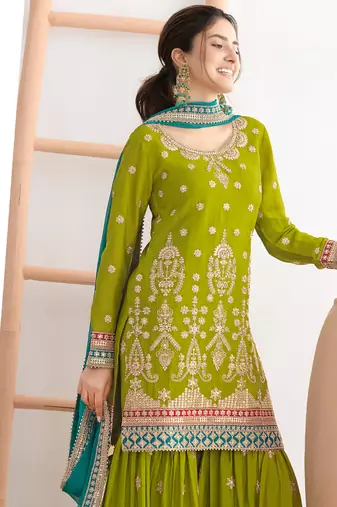  green chinon sharara suit for women festival wear