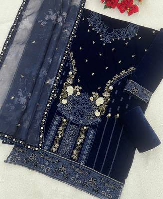 blue velvet pakistani straight suit for women 3