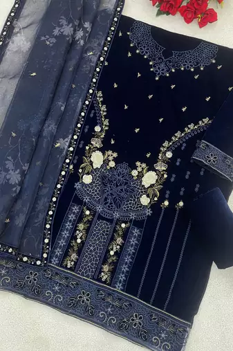  blue velvet pakistani straight suit for women 