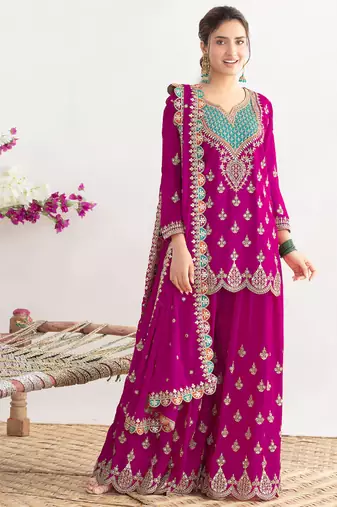  magenta chinon palazzo suit for women wear