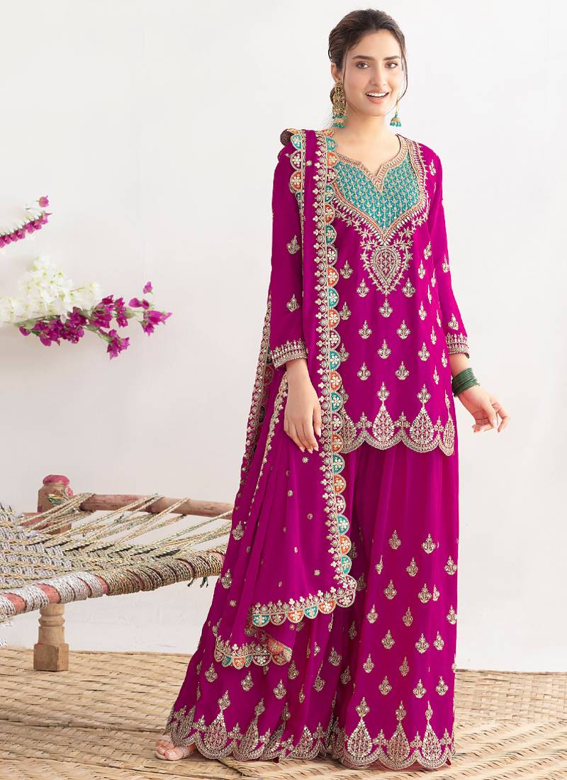  magenta chinon palazzo suit for women wear