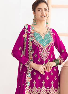 magenta chinon palazzo suit for women wear 2