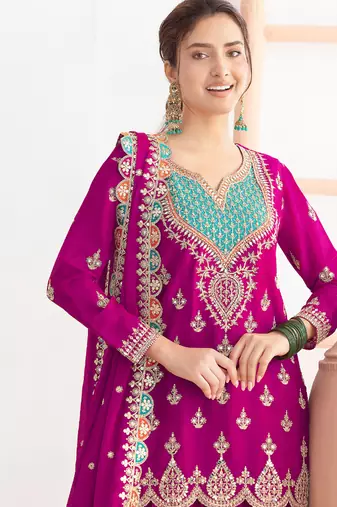  magenta chinon palazzo suit for women wear