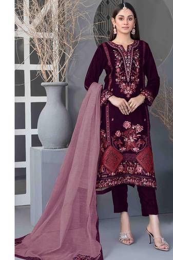 Wine velvet straight suit for women 