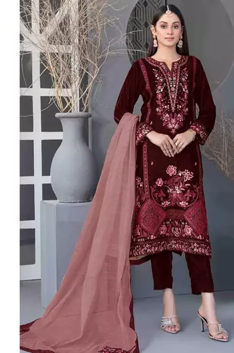 Maroon velvet straight suit for women 