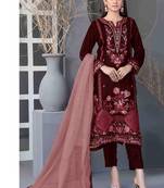 Maroon velvet straight suit for women 