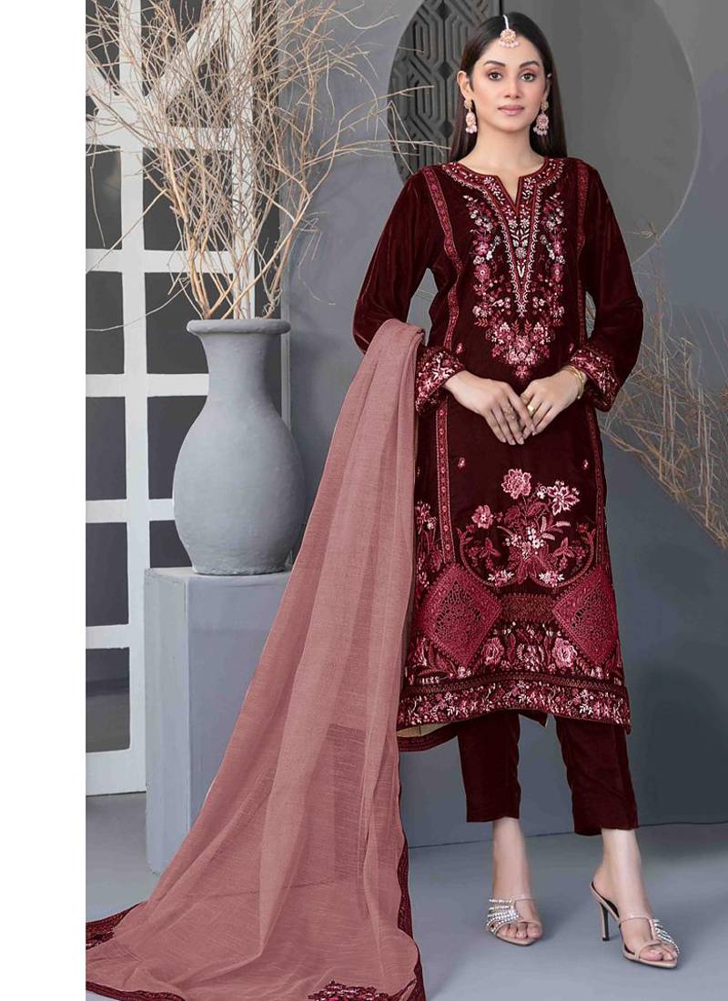 Maroon velvet straight suit for women 