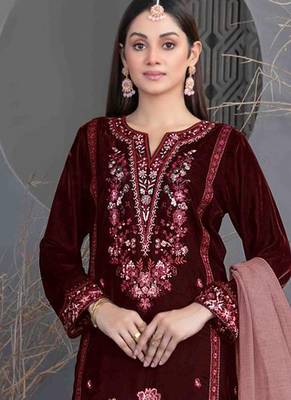 Maroon velvet straight suit for women 2