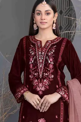 Maroon velvet straight suit for women