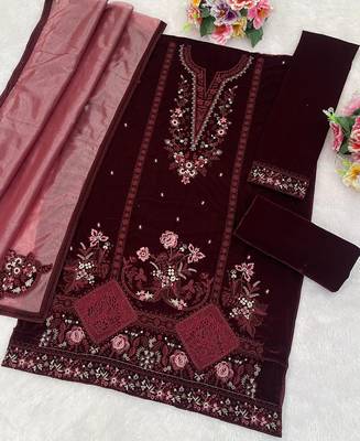 Maroon velvet straight suit for women 3