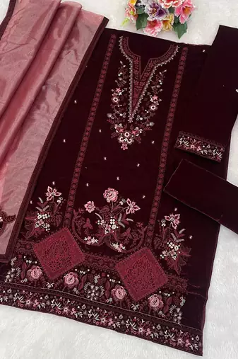 Maroon velvet straight suit for women